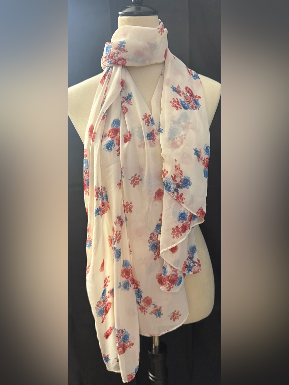 Floral Sheer Blouse Scarf in Cream with Burnt Orange & Blue Blooms